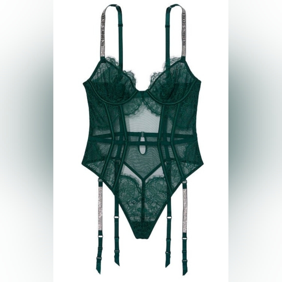S M Victoria's Secret Shine Strap Lace Teddy Green Christmas - Picture 1 of 3